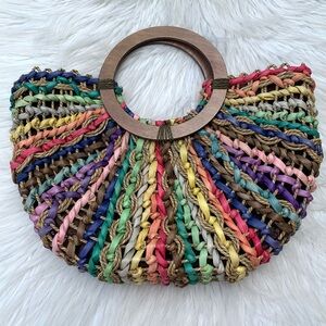 Vintage T. Cappelli Colorful Boho Straw Woven Round Wooden Handle Hand Bag Purse